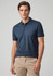 A navy blue short sleeve polo shirt with a subtle striped pattern, featuring a collar and three-button placket.
