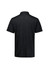 A black short sleeve polo shirt with a textured pattern and a collar, featuring a logo.