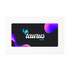 A rectangular promotional card with a colourful abstract design featuring a logo and brand name on a dark background.