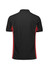 A black unisex short sleeve polo shirt featuring red side panels and a logo on the back.