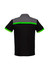 A black short sleeve polo shirt featuring grey and bright green detailing on the shoulders and sleeves, with a logo present.
