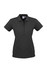 A women's short sleeve polo shirt in dark grey with a buttoned placket and a logo on the chest.