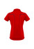 A women's short sleeve polo in vibrant red with a unique design at the back and a branding logo.