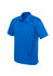 A blue short sleeve polo shirt featuring a subtle design along the sides and a logo on the chest.