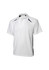 A white short sleeve polo shirt with black side accents and a collar, featuring a logo.