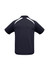 A navy polo shirt with short sleeves featuring white panel details and a logo on the back.
