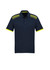 A navy men's short sleeve polo shirt featuring a patterned shoulder design and bright yellow accents.