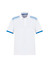 A white short sleeve polo shirt featuring blue accents on the shoulders and collar, with a logo displayed.