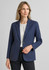 A navy women's blazer with a tailored design, featuring a single button and two front pockets.