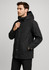 A black men's jacket with a hood, featuring a button and zip closure, designed for comfort and style.