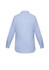 A light blue women's long sleeve button-up shirt with a collar and a back yoke. The shirt has a logo on it.