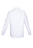 A white long sleeve button-up shirt with a classic collar and a logo on the back.