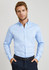 A light blue button-up long sleeve shirt featuring a collar and a logo on the chest.