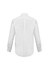 A white long sleeve button-up shirt with a back yoke and buttoned cuffs. Features a logo on the label.