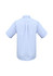 A light blue short sleeve button-up shirt with a back pleat and a logo label.