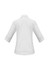 A white women's 3/4 sleeve button-up shirt featuring a rear view design and a logo.