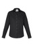 A black women's long sleeve button-up shirt featuring a classic collar and a logo on the label.