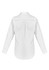 A white button-up shirt with long sleeves and a curved hemline, featuring a logo on the back.