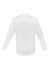 A long-sleeve white button-up shirt featuring a back pleat and cuffs with buttons. It has a logo.