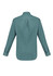 A long sleeve button-up shirt in a muted green colour, featuring a back pleat and buttoned cuffs.