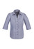A blue and white striped women's 3/4 sleeve button-up shirt with puffed sleeves and a ruffled front.