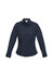 A navy blue women's button-up long sleeve shirt with two front pockets and a collar. It features a logo on the sleeve.