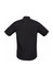 A black short sleeve button-up shirt featuring a classic collar and a logo on the back.