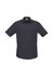 A short sleeve button-up shirt in dark grey, featuring two chest pockets and a branded logo.