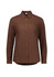 A brown long sleeve button-up shirt for women, featuring a classic collar and a straight hem. Includes a logo.