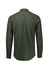 A green long sleeve button-up shirt with a back yoke and cuffs, featuring a logo.