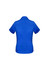 A blue short sleeve women's button-up shirt with a collar and rolled sleeves. Features a logo.