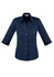 A navy blue ladies' button-up shirt with 3/4 sleeves and a collar, featuring a logo.
