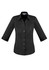 A black button-up shirt featuring 3/4 sleeves and a collar, with a logo on the design.