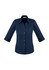 A navy blue women's button-up shirt with 3/4 sleeves and a collared neck. Features a logo on the chest.