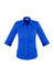 A blue women's button-up shirt with 3/4 sleeves and a collar, featuring a logo on the chest.