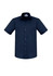 A navy blue button-up shirt with short sleeves and a chest pocket, featuring a logo.