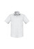 A light grey short sleeve button-up shirt with a single chest pocket and a branded tag.