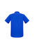 A blue men's short sleeve button-up shirt with a back yoke and collar, featuring a logo.