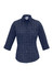 A navy blue women's button-up shirt with 3/4 sleeves and a checkered pattern, featuring a chest pocket.