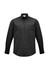 A black and grey plaid long sleeve button-up shirt with a chest pocket and a collar. It features a logo.