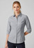 A women’s 3/4 sleeve button-up shirt in light grey with a fitted design and a collar, featuring a logo.