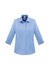 A light blue women's button-up shirt featuring 3/4 sleeves and a collar, with a logo on the chest.