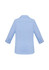 A light blue women's button-up shirt with 3/4 sleeves and a collar, featuring a logo.
