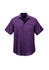 A purple short sleeve button-up shirt with a collar and a logo.