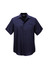 A dark navy short sleeve button-up shirt with a logo, featuring a classic collar and front pocket.