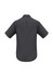 A short sleeve button-up shirt in a solid dark grey colour, featuring a back view and a logo.