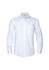 A white long sleeve button-up shirt with a single chest pocket and a logo on the collar.