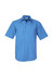 Short sleeve button-up shirt in a vibrant blue colour, featuring a single chest pocket and a logo.