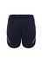A pair of navy sports shorts featuring white detailing and an elastic waistband. Includes a logo on the back.