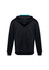 A black hoodie with a teal interior and a logo. The hoodie features a spacious hood and long sleeves.